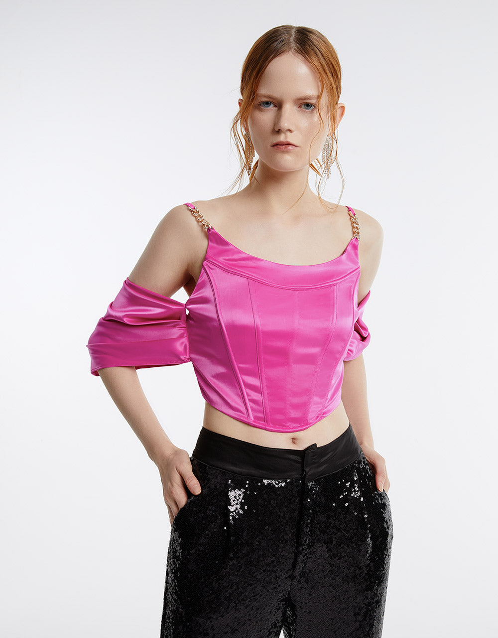 Satin Effect Cold Shoulder Cropped Top