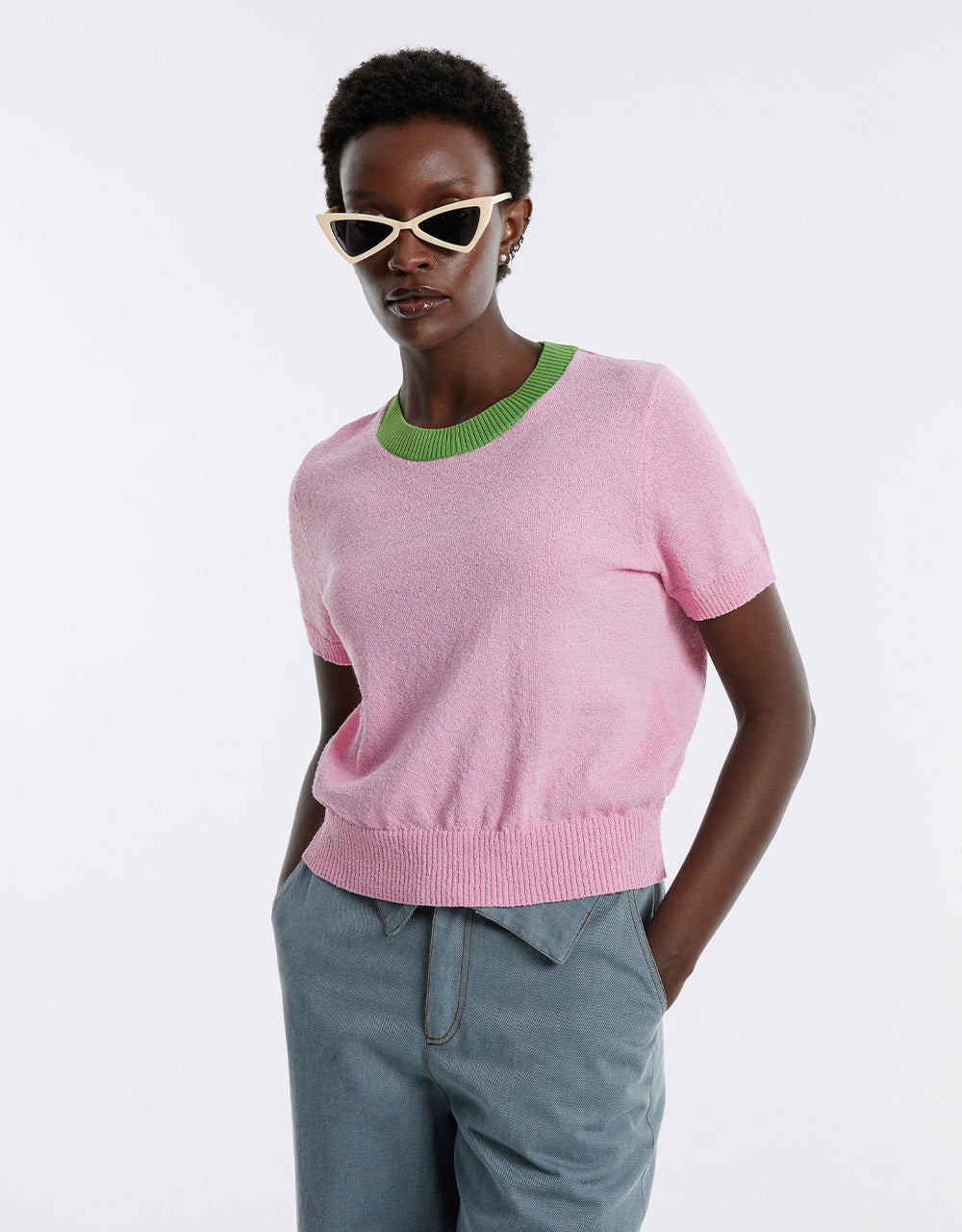 Contrast Trim Cropped Knitted T-Shirt