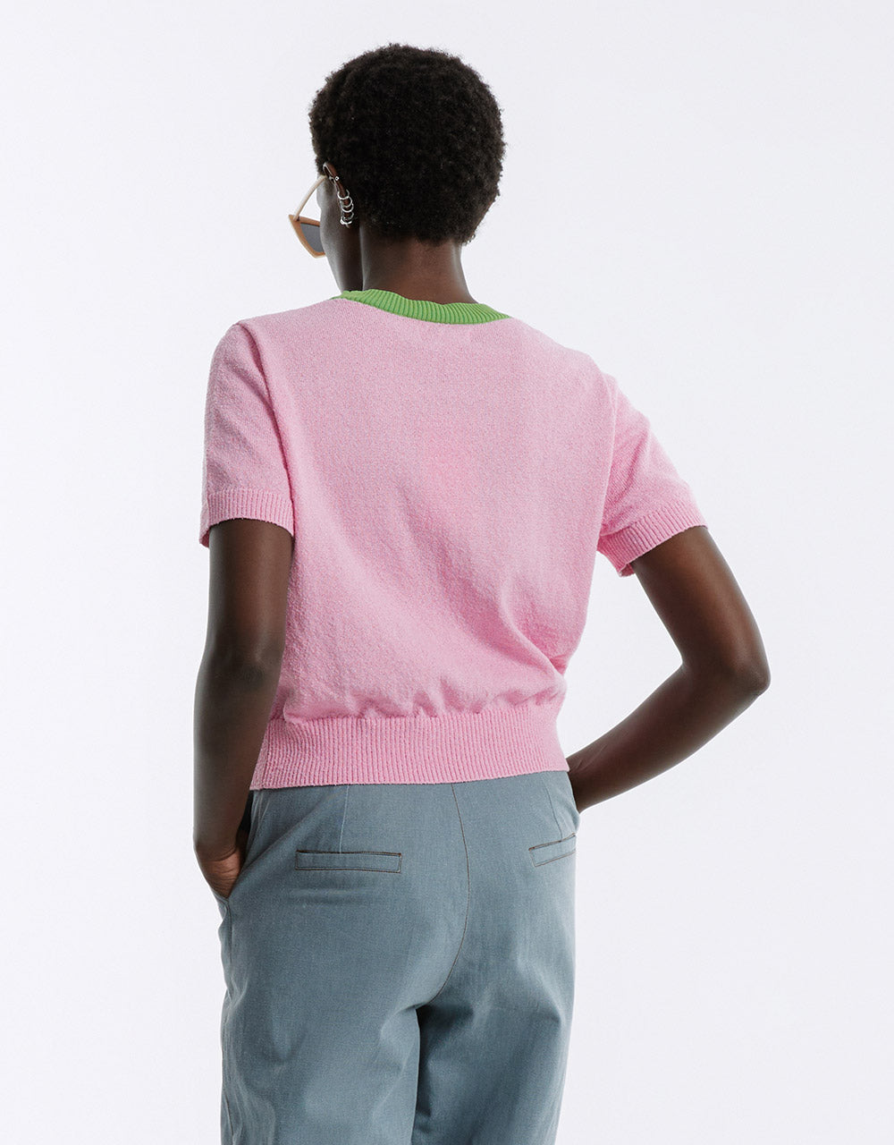 Contrast Trim Cropped Knitted T-Shirt