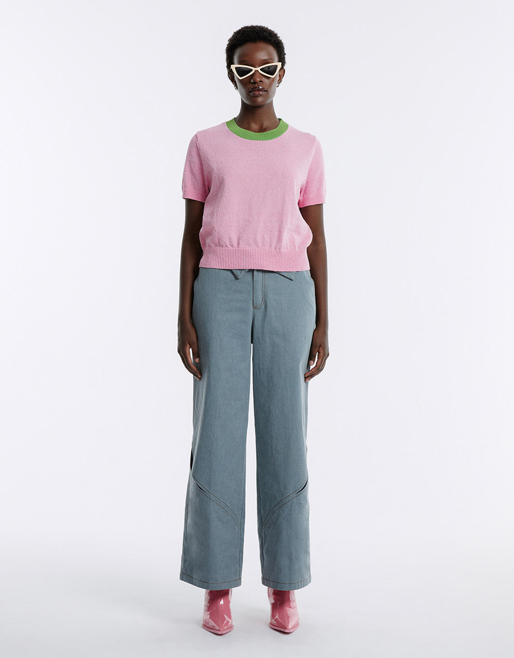 Contrast Trim Cropped Knitted T-Shirt