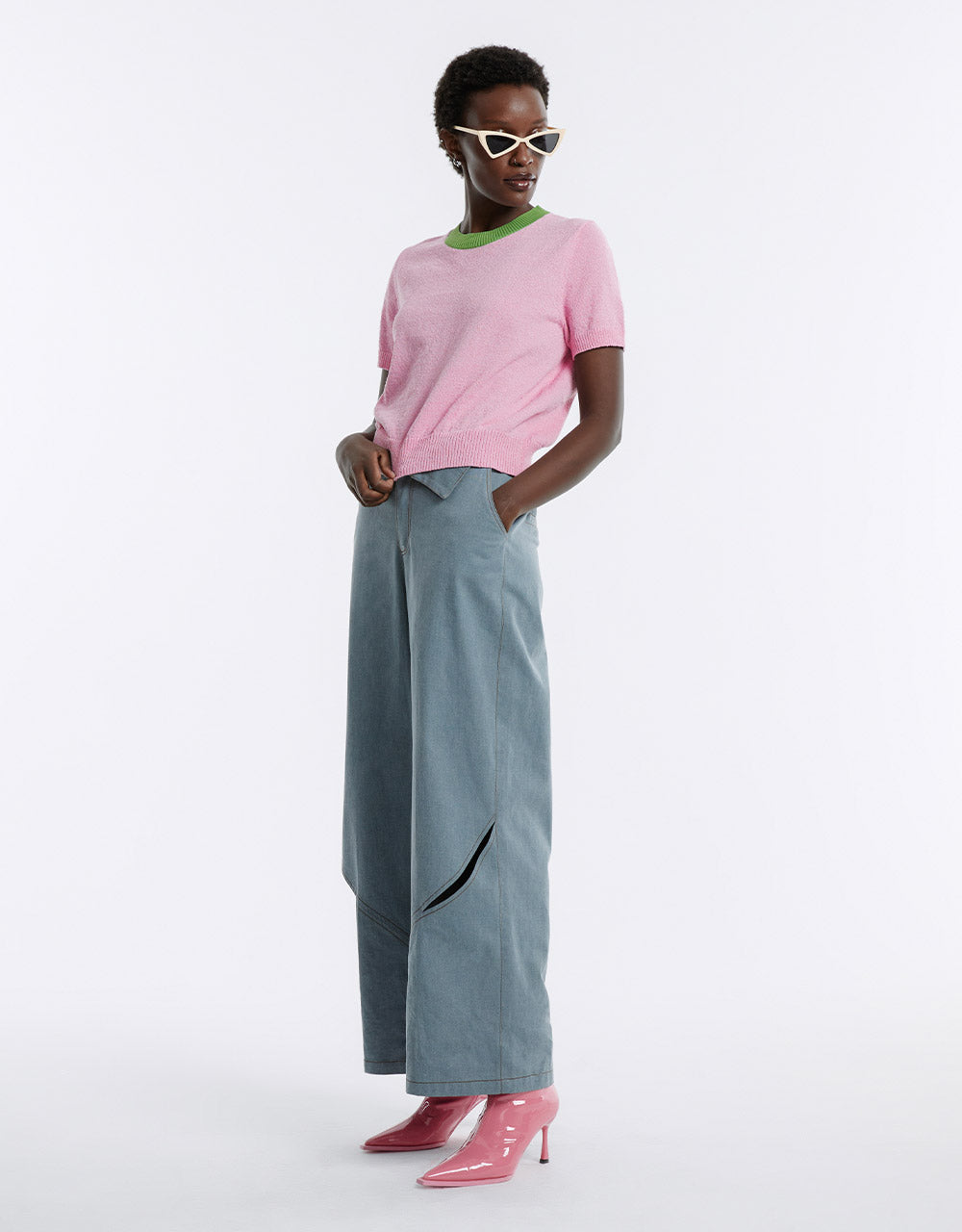 Contrast Trim Cropped Knitted T-Shirt