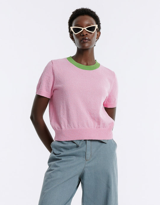 Contrast Trim Cropped Knitted T-Shirt