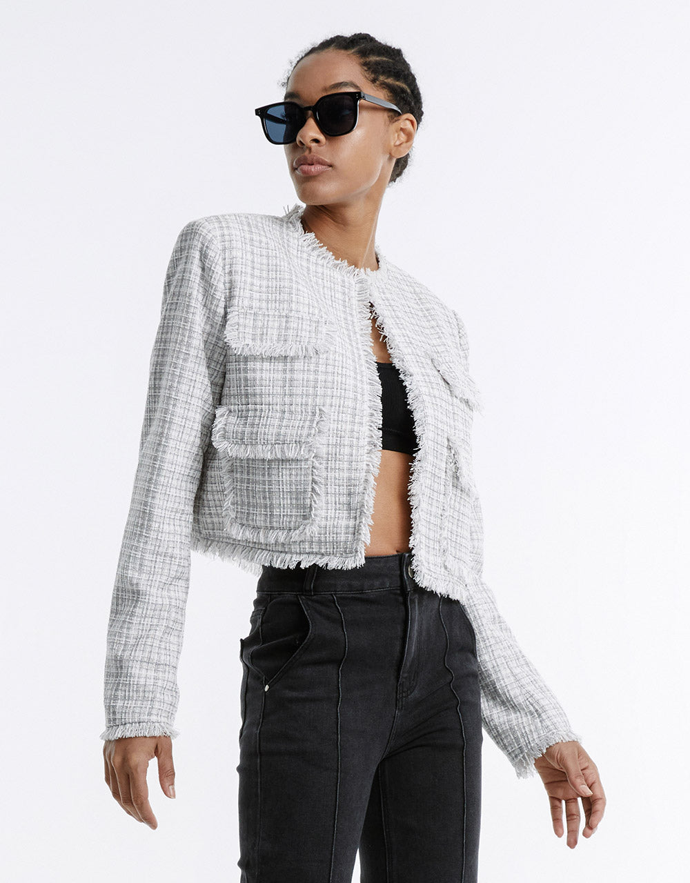Frayed Trim Plaid Jacket