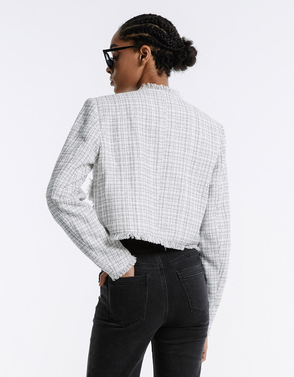 Frayed Trim Plaid Jacket