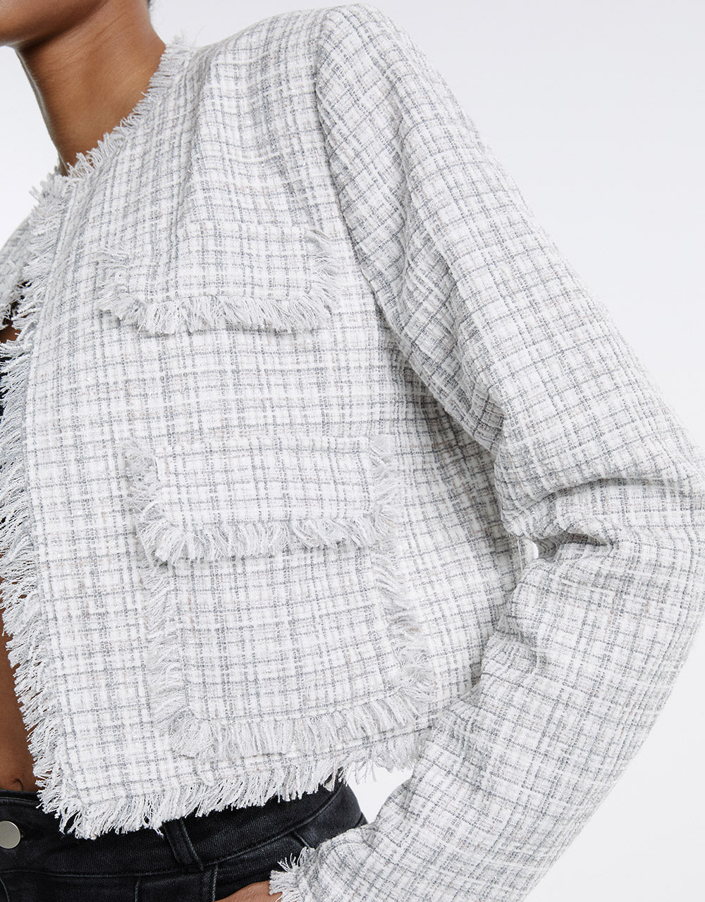 Frayed Trim Plaid Jacket