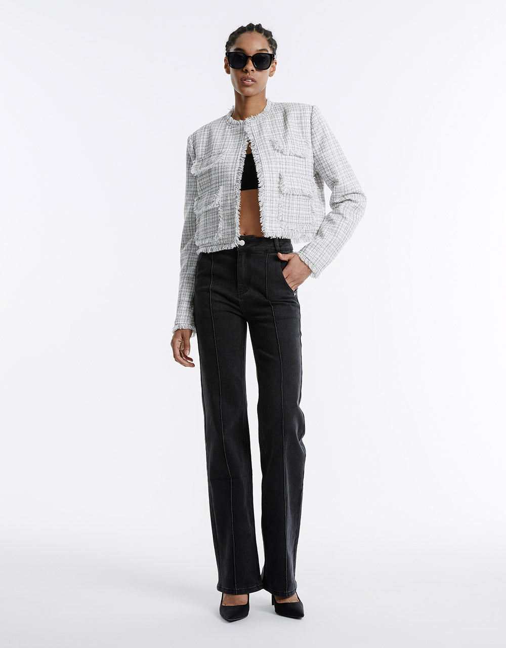 Frayed Trim Plaid Jacket