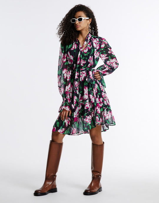 Belted Floral Chiffon Dress