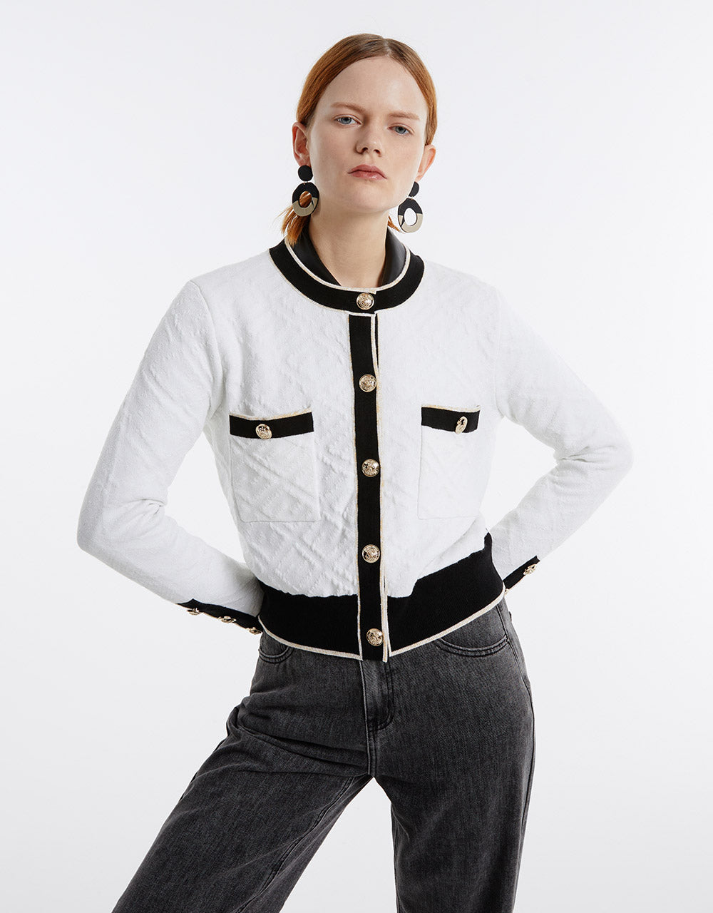 Contrast Trim Textured Cardigan