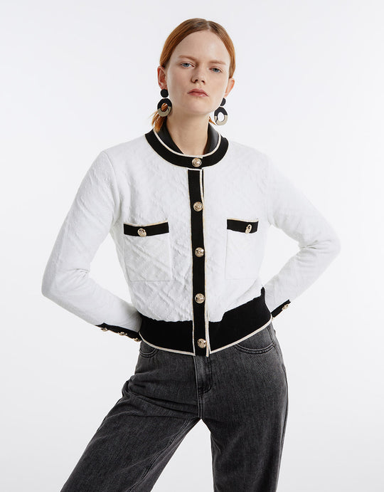 Contrast Trim Textured Cardigan