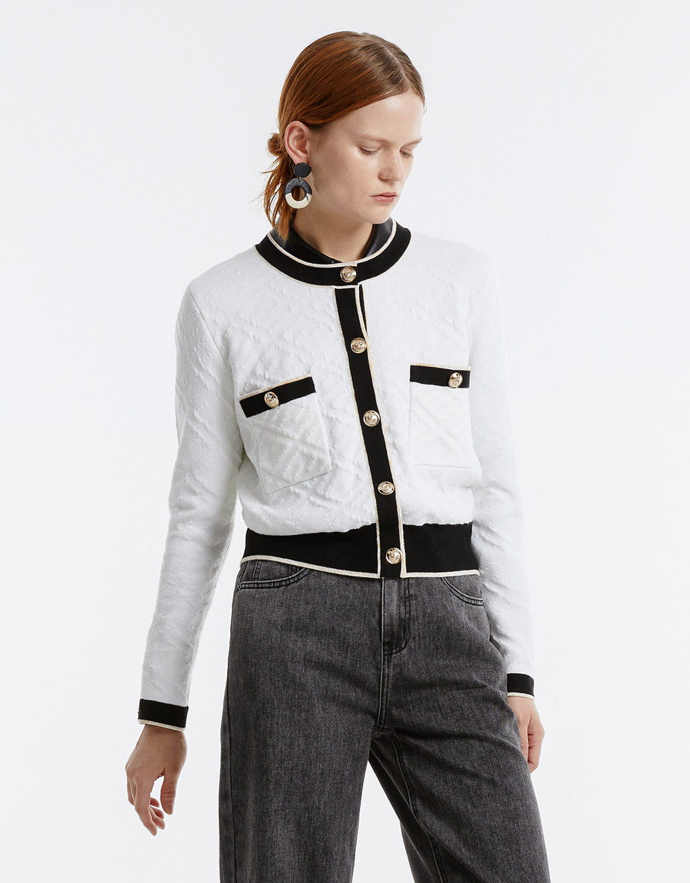 Contrast Trim Textured Cardigan