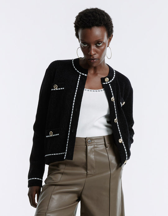 Contrast Trim Tweed Cardigan