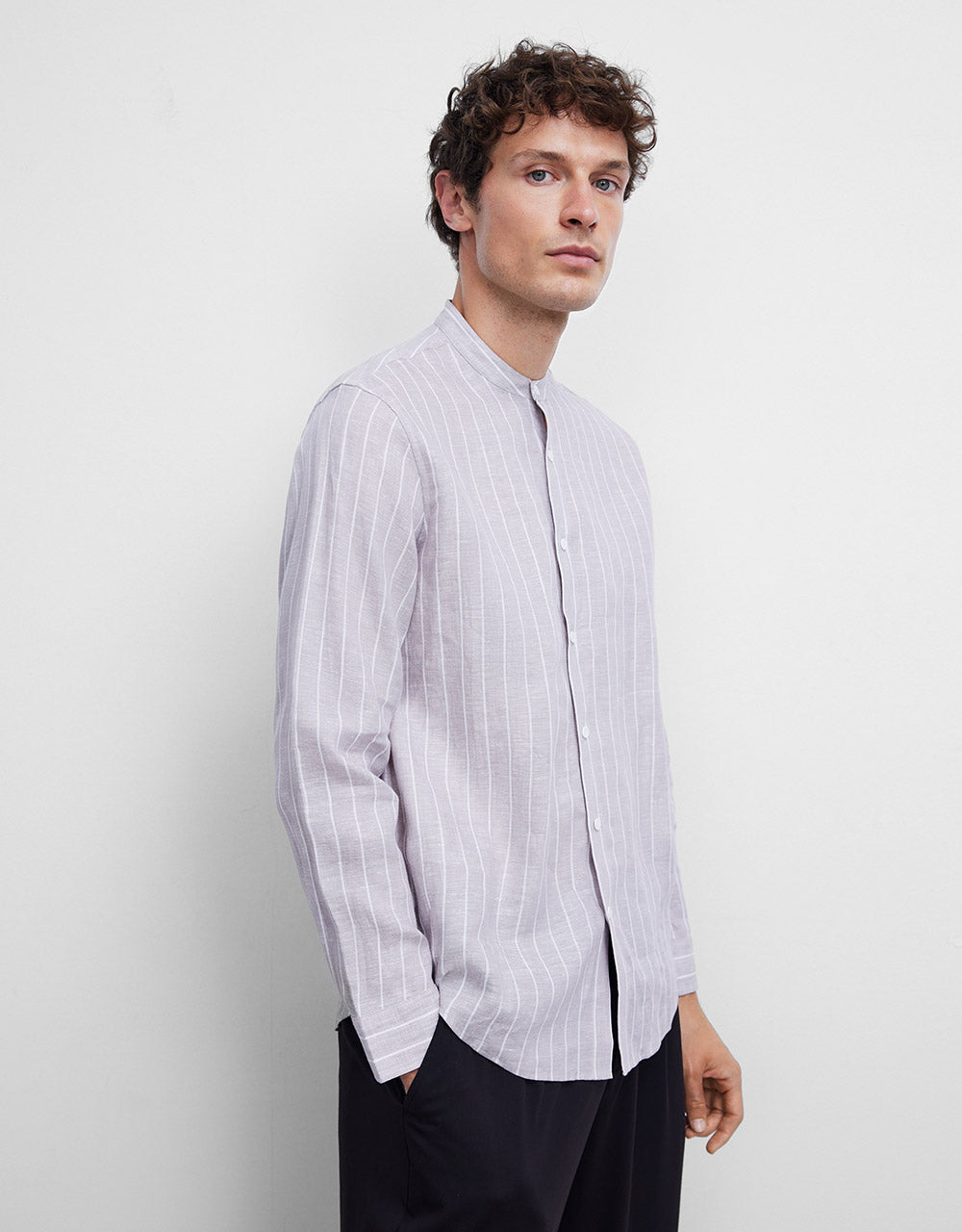 Band Collar Striped Shirt