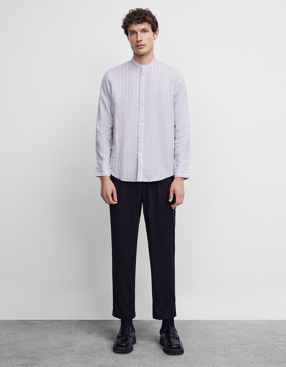Band Collar Striped Shirt