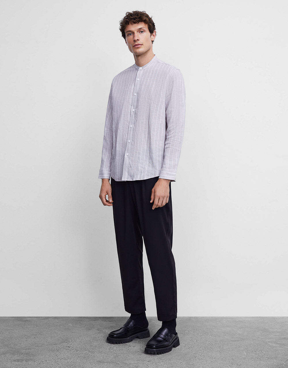 Band Collar Striped Shirt