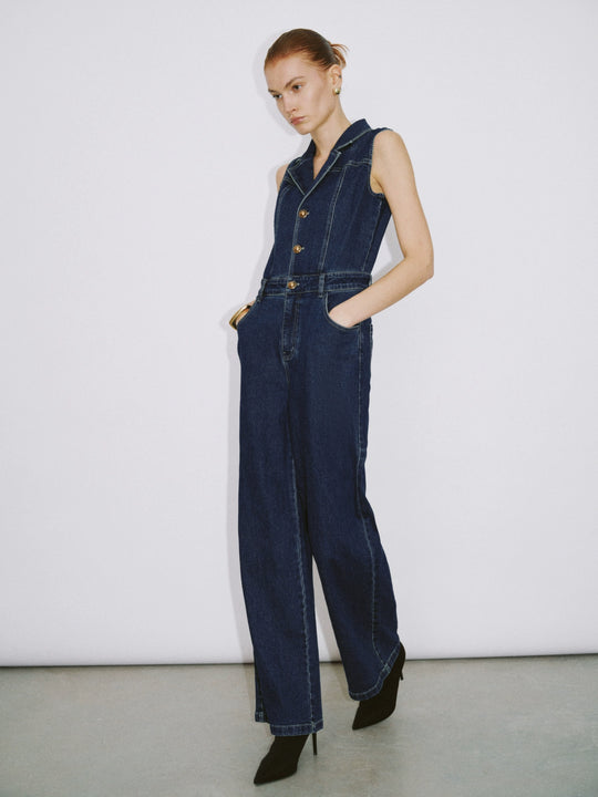 V-Neck Denim Jumpsuit With Belt
