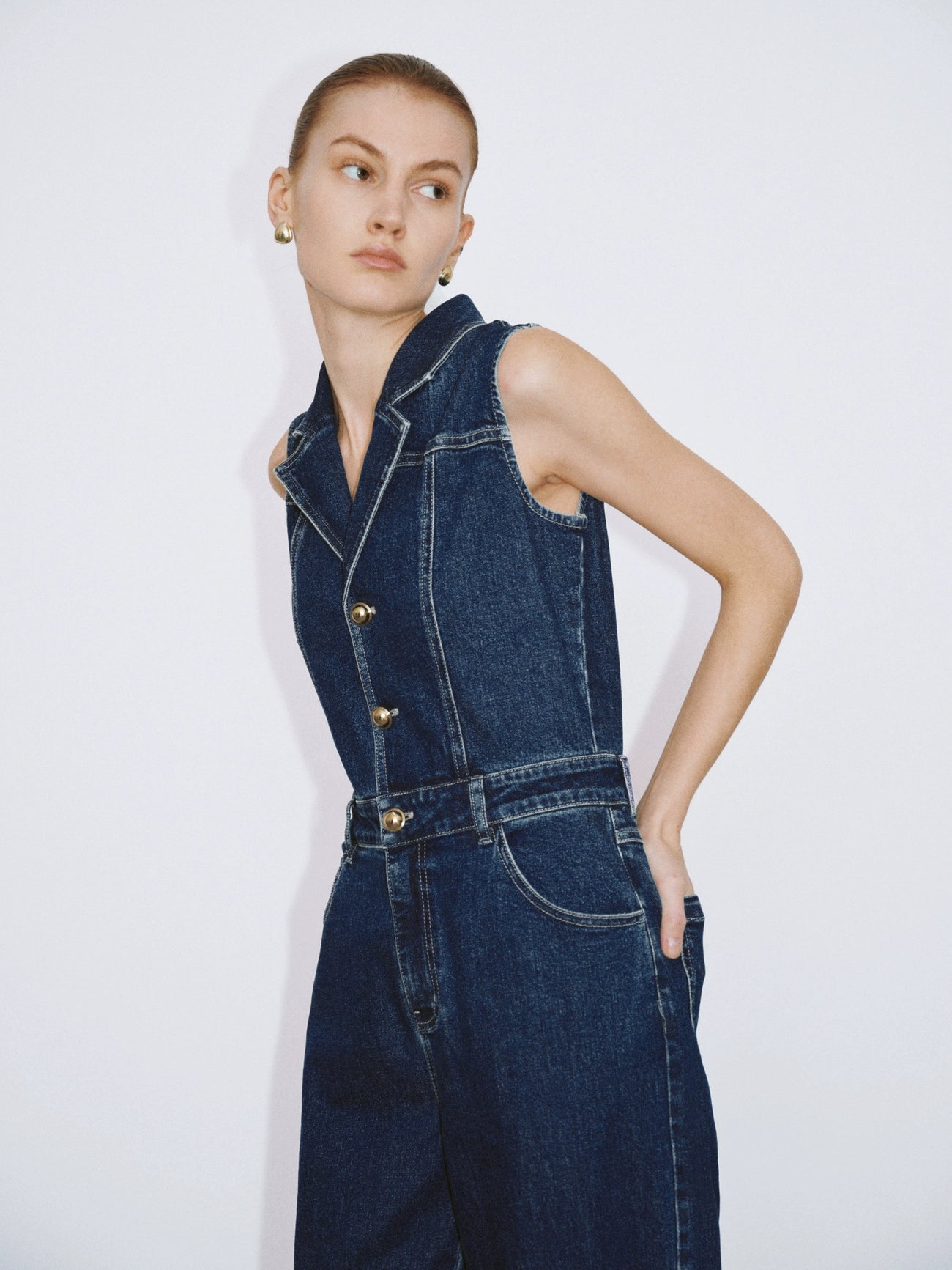 V-Neck Denim Jumpsuit With Belt