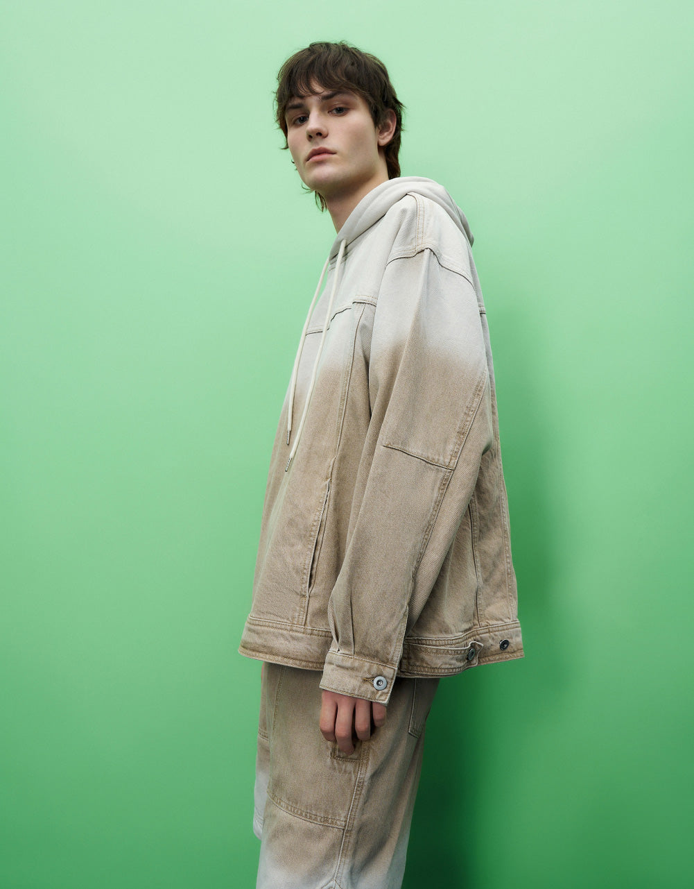 Color Blocks Hooded Denim Shirt