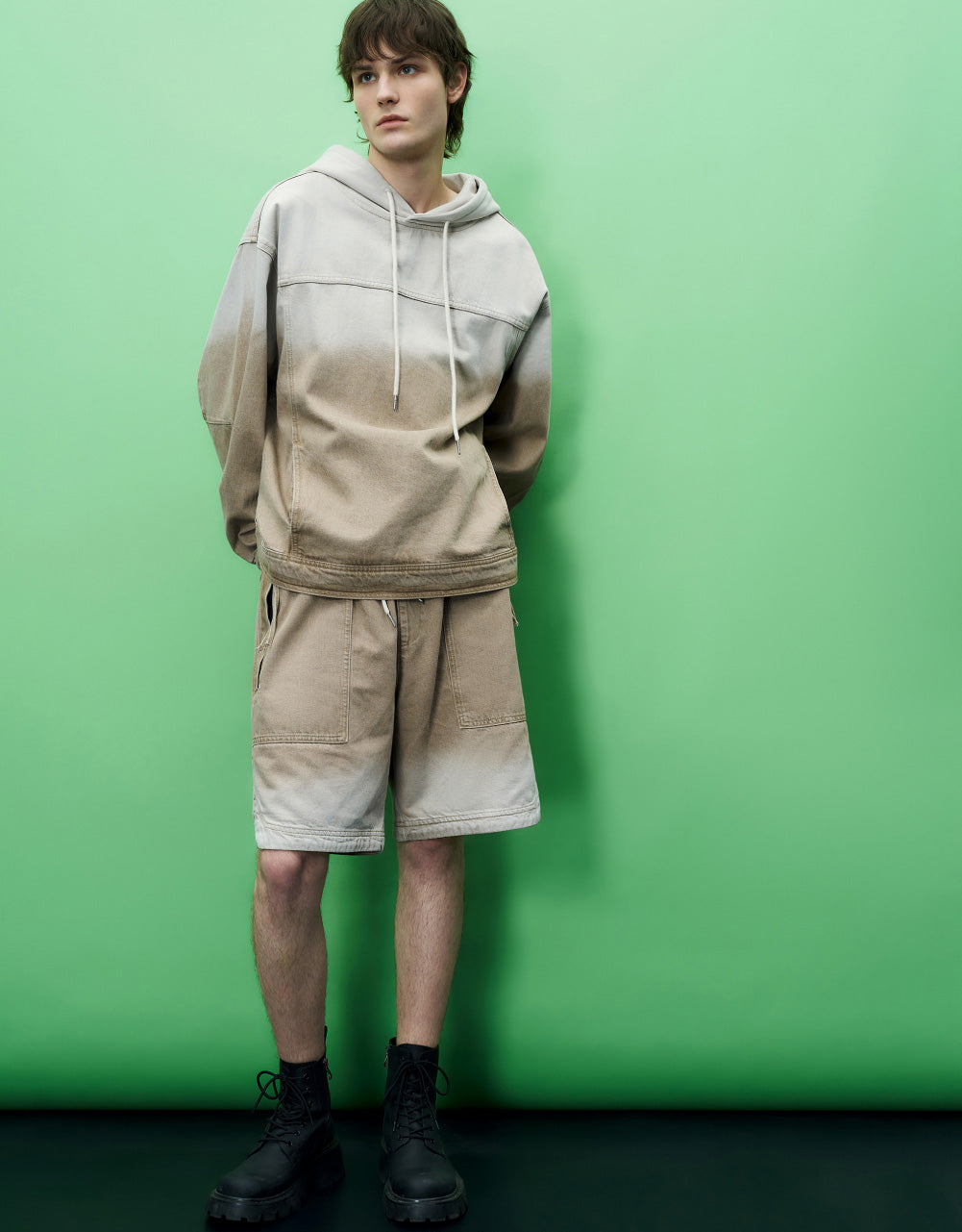 Color Blocks Hooded Denim Shirt