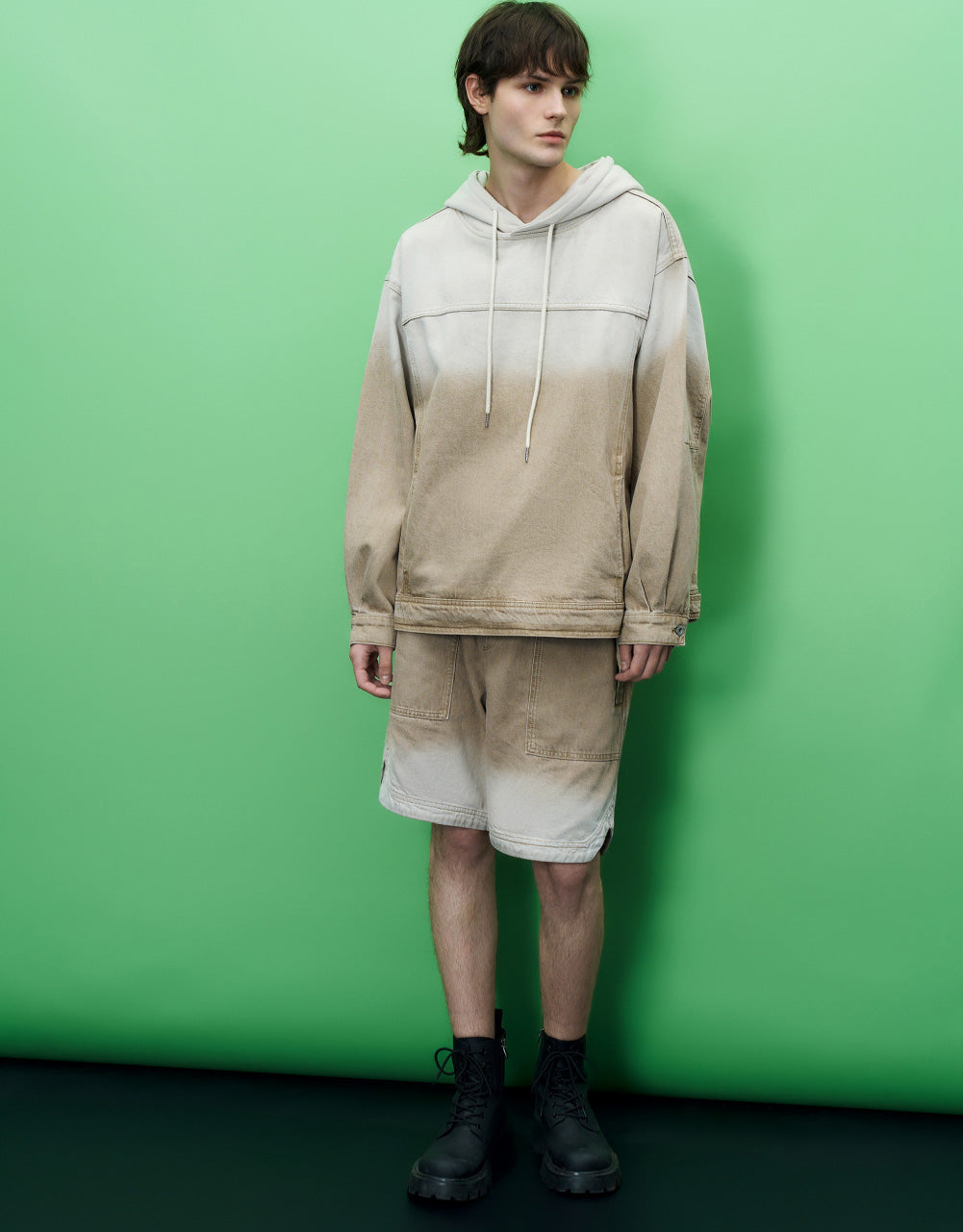 Color Blocks Hooded Denim Shirt