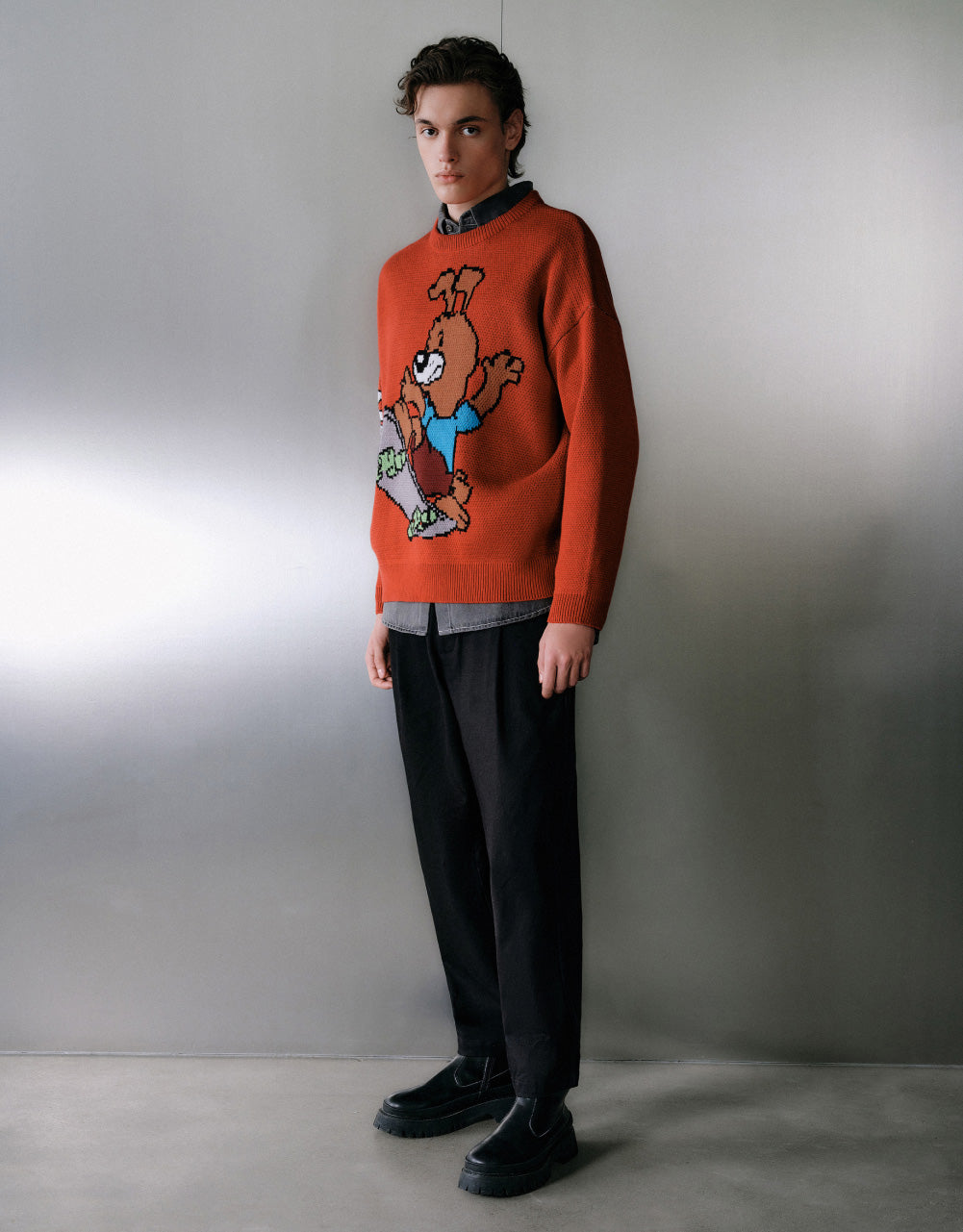 Skateboard Dog Print Knit T-Shirt