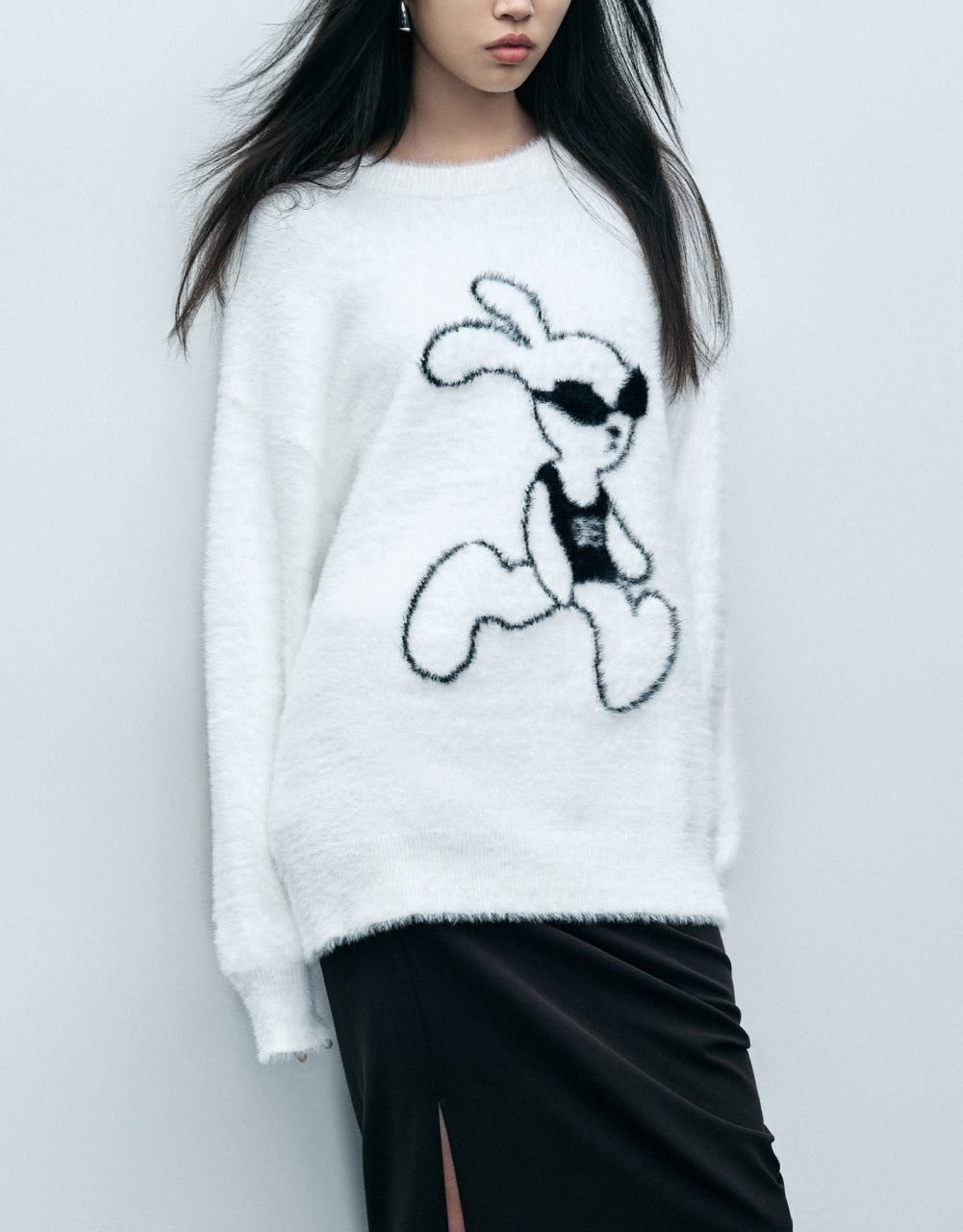 Fluffy Bunny Print Knit Sweatshirt