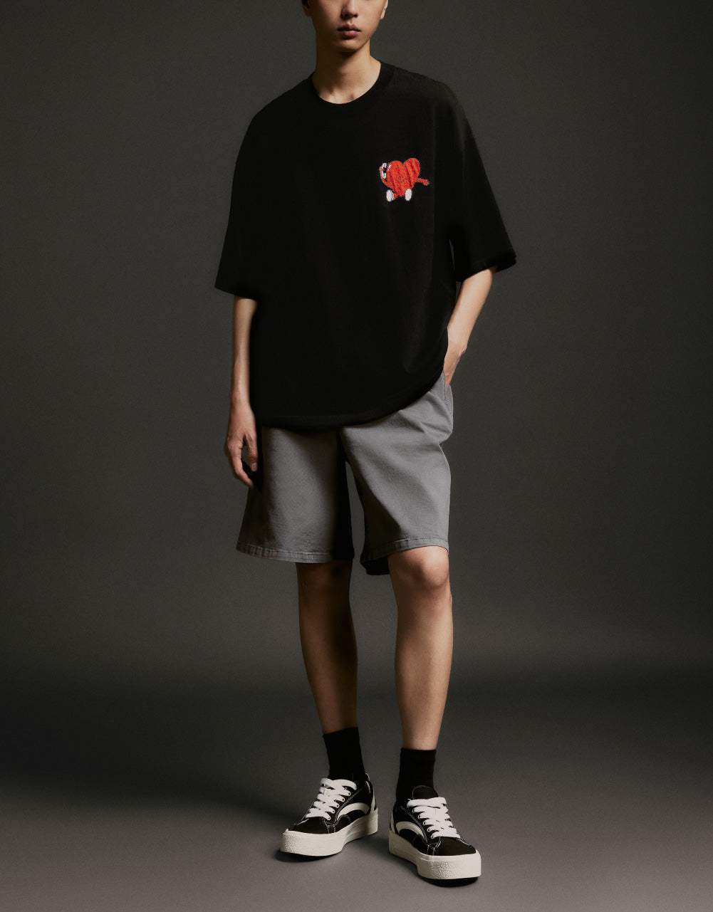Heart Print Crew Neck Knitted T-Shirt