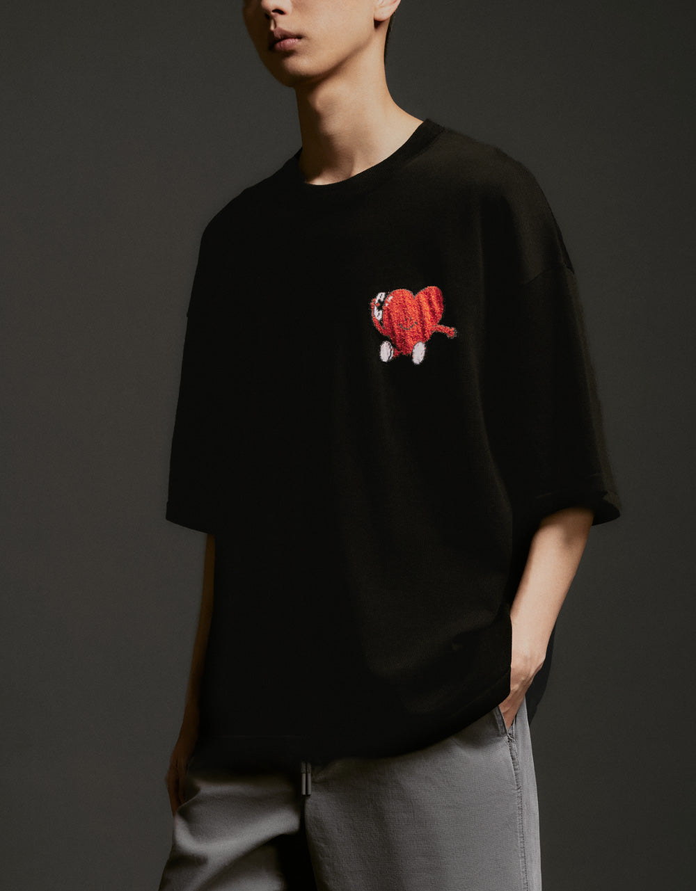 Heart Print Crew Neck Knitted T-Shirt