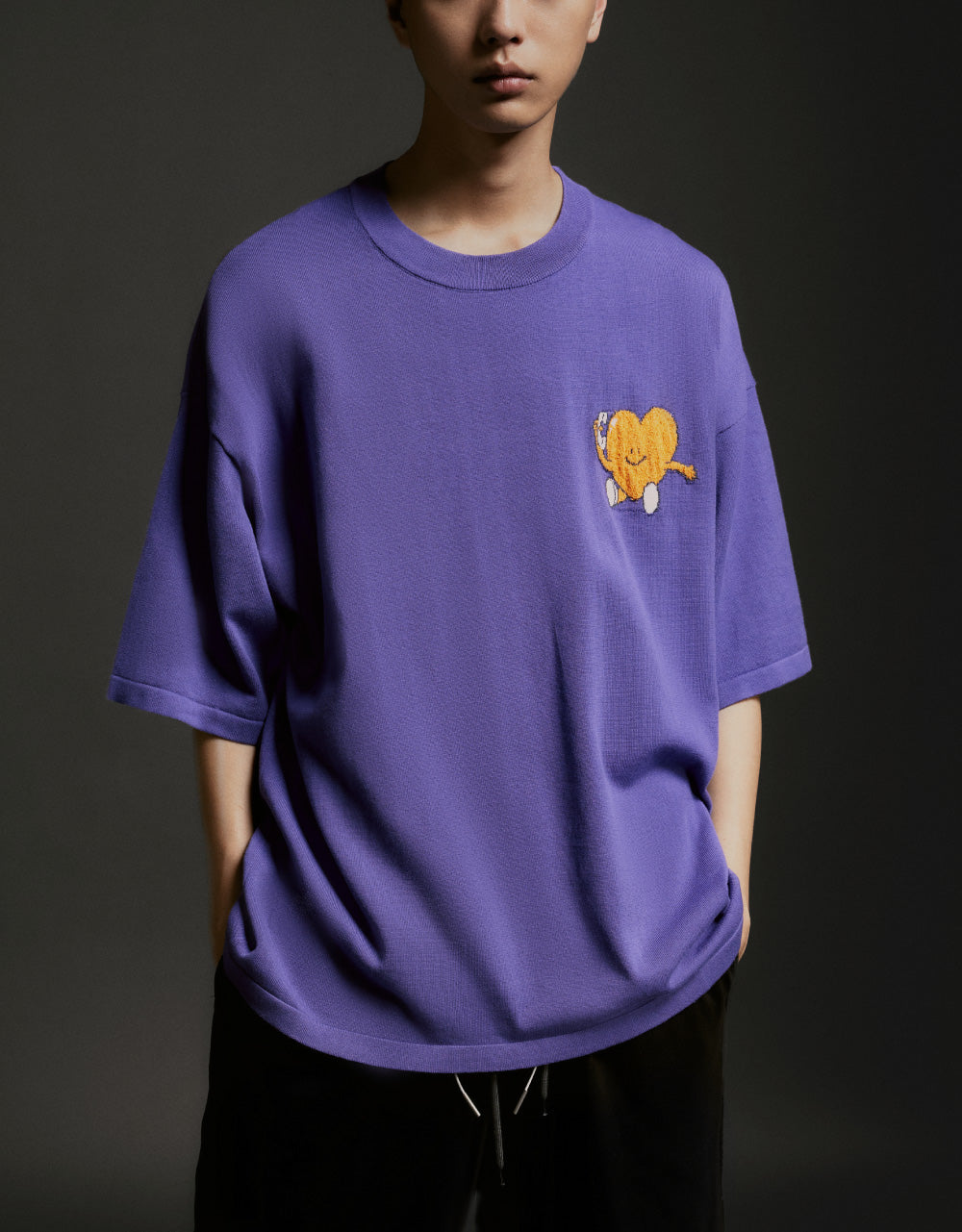 Heart Print Crew Neck Knitted T-Shirt