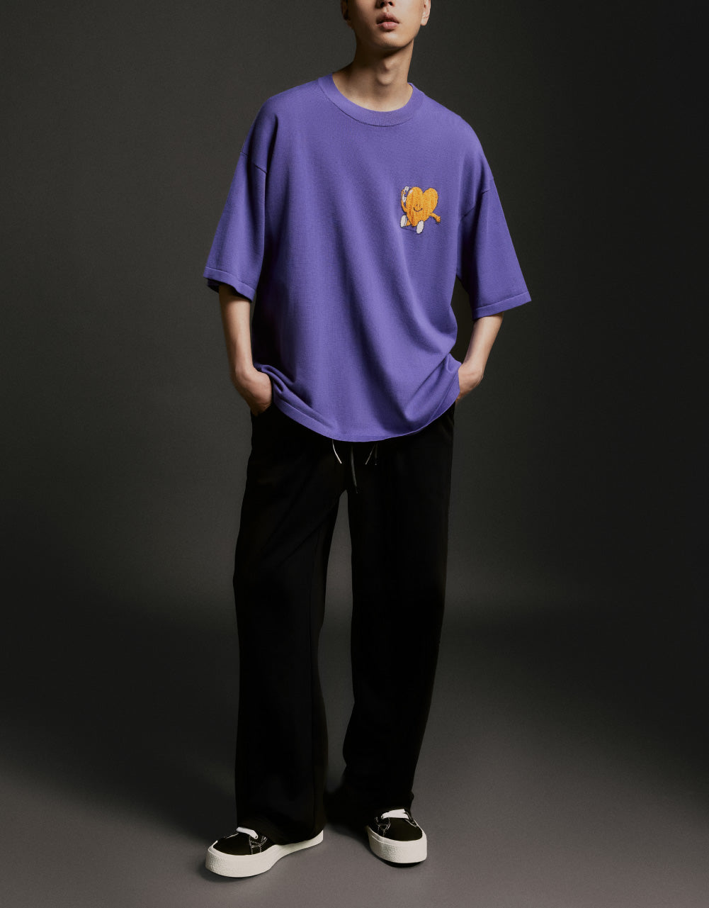 Heart Print Crew Neck Knitted T-Shirt