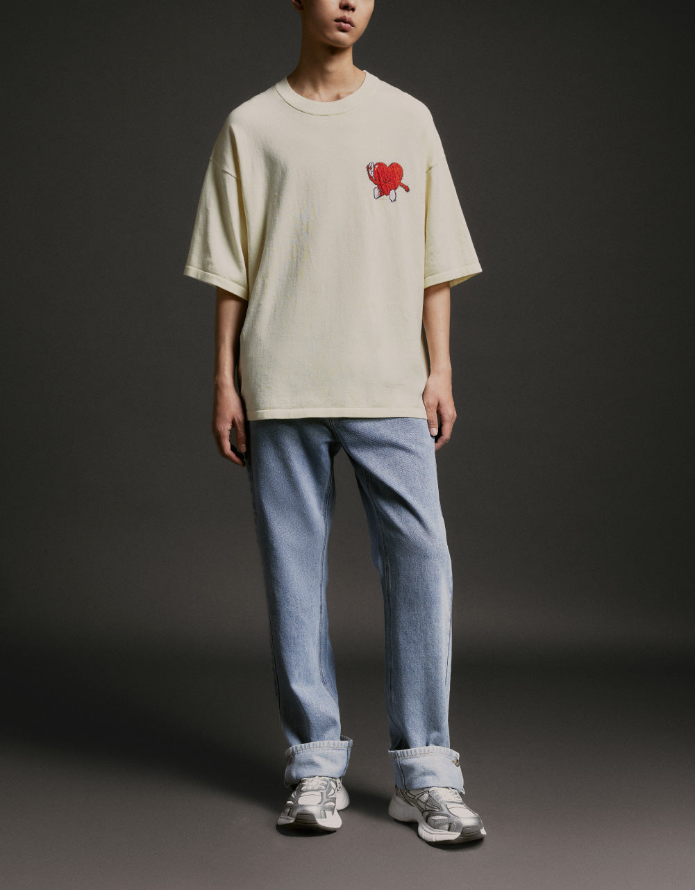 Heart Print Crew Neck Knitted T-Shirt