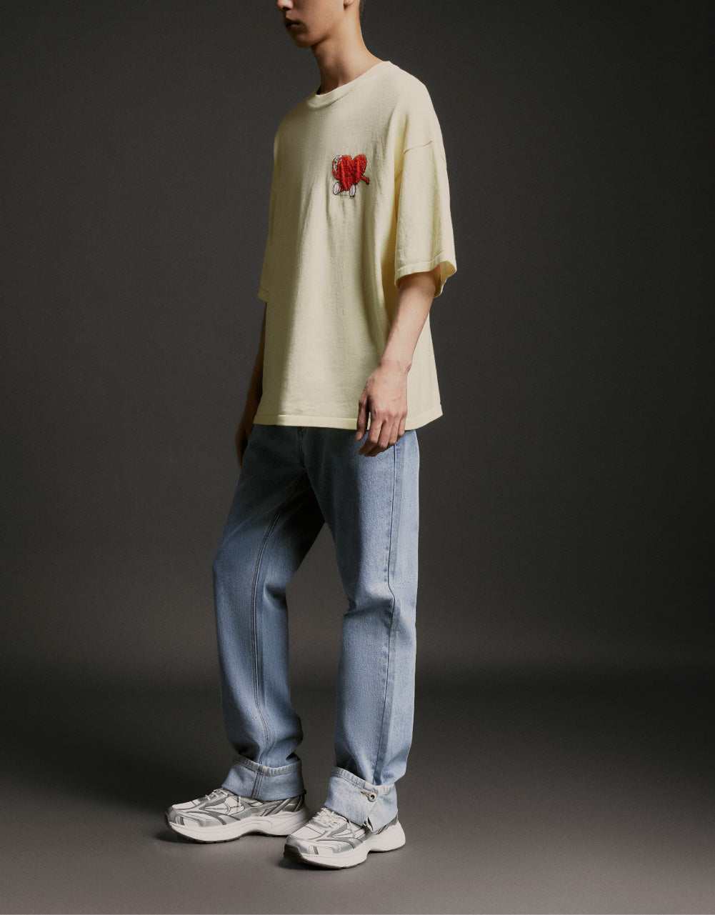Heart Print Crew Neck Knitted T-Shirt
