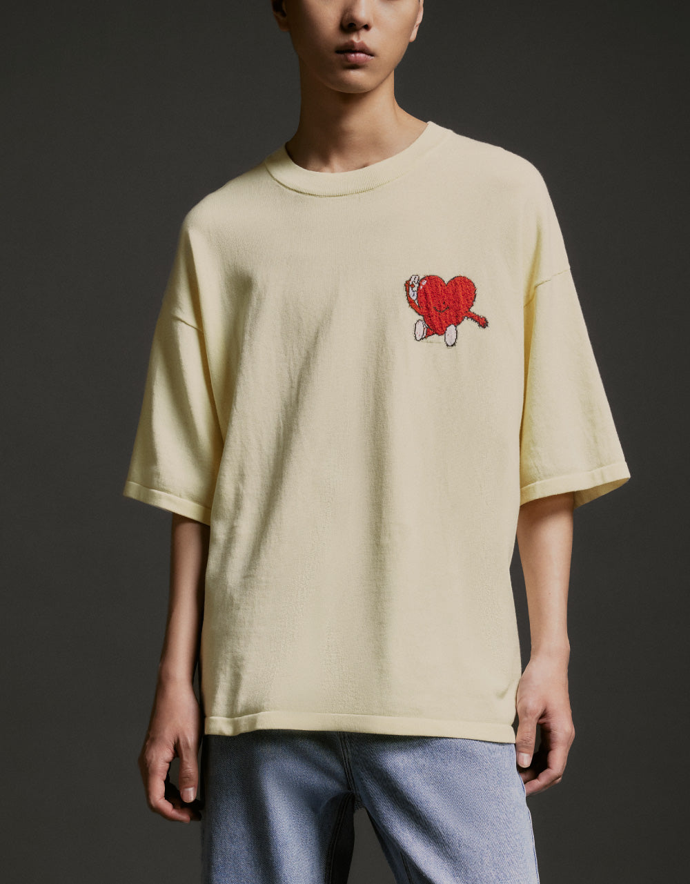 Heart Print Crew Neck Knitted T-Shirt