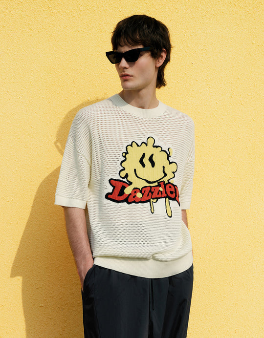 Cartoon Embroidered Pointelle Knitted T-Shirt
