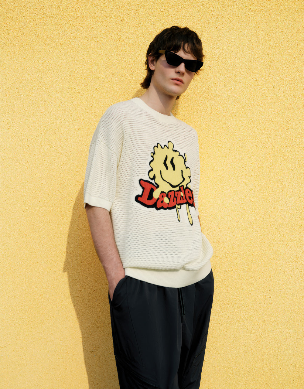Cartoon Embroidered Pointelle Knitted T-Shirt