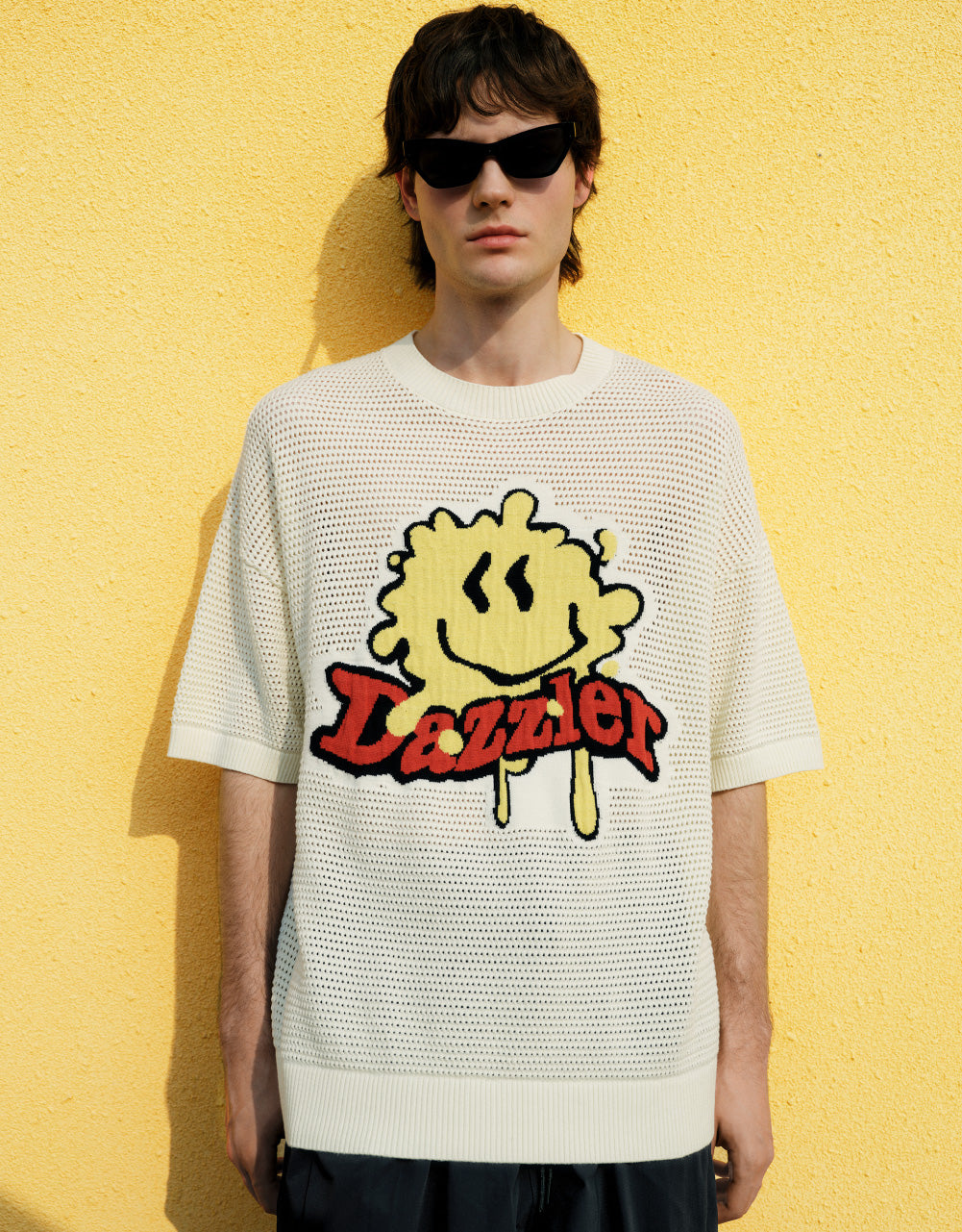 Cartoon Embroidered Pointelle Knitted T-Shirt