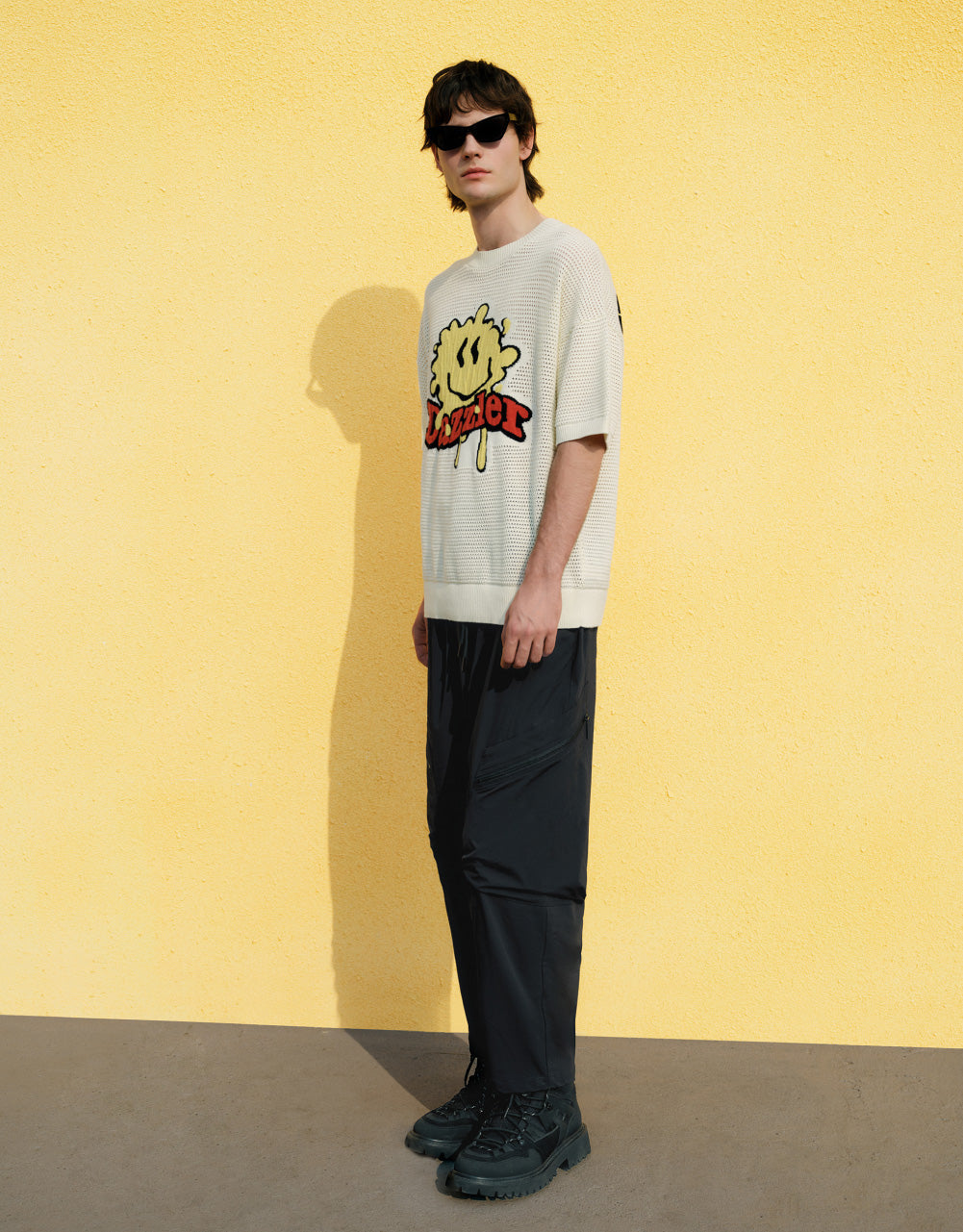 Cartoon Embroidered Pointelle Knitted T-Shirt