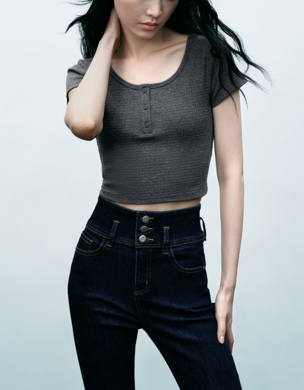 Half Button Crew Neck T-Shirt