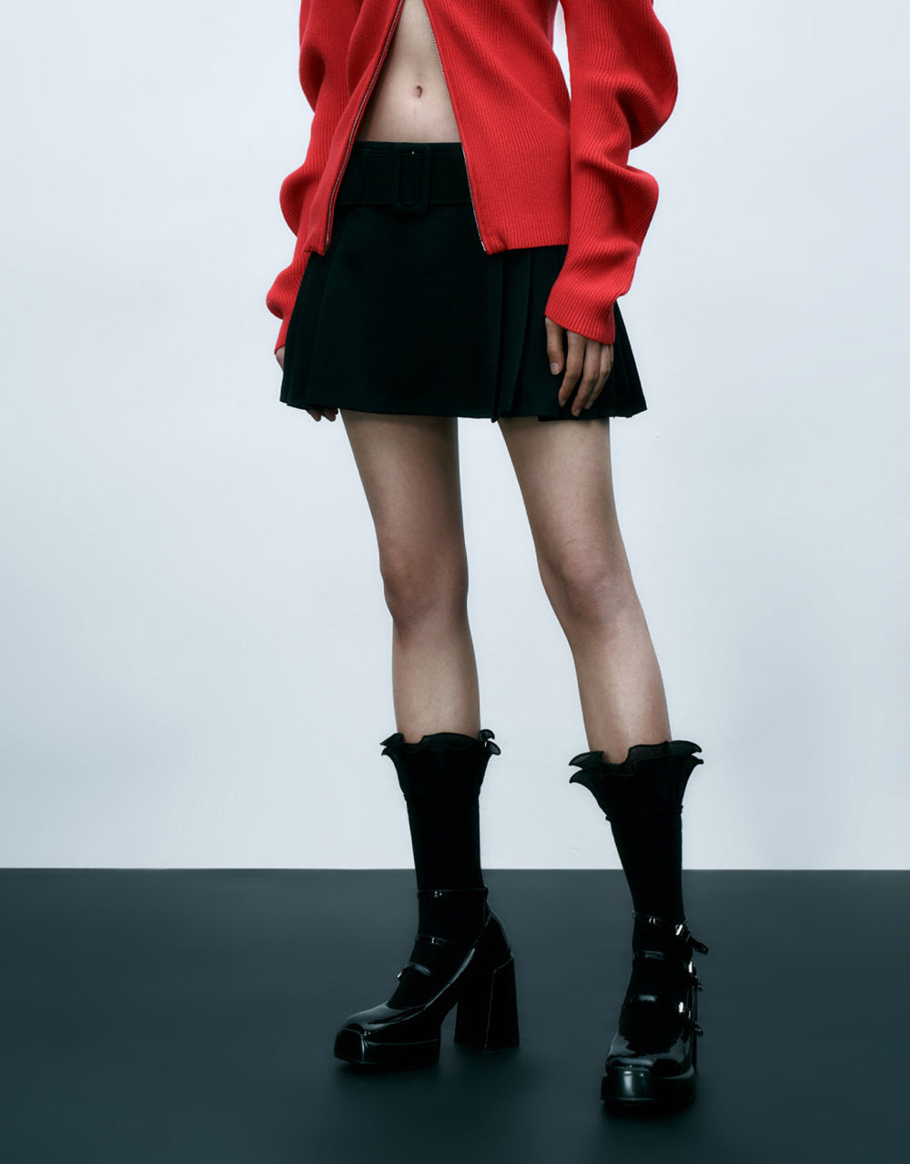Pleated A-Line Skirt With Belt