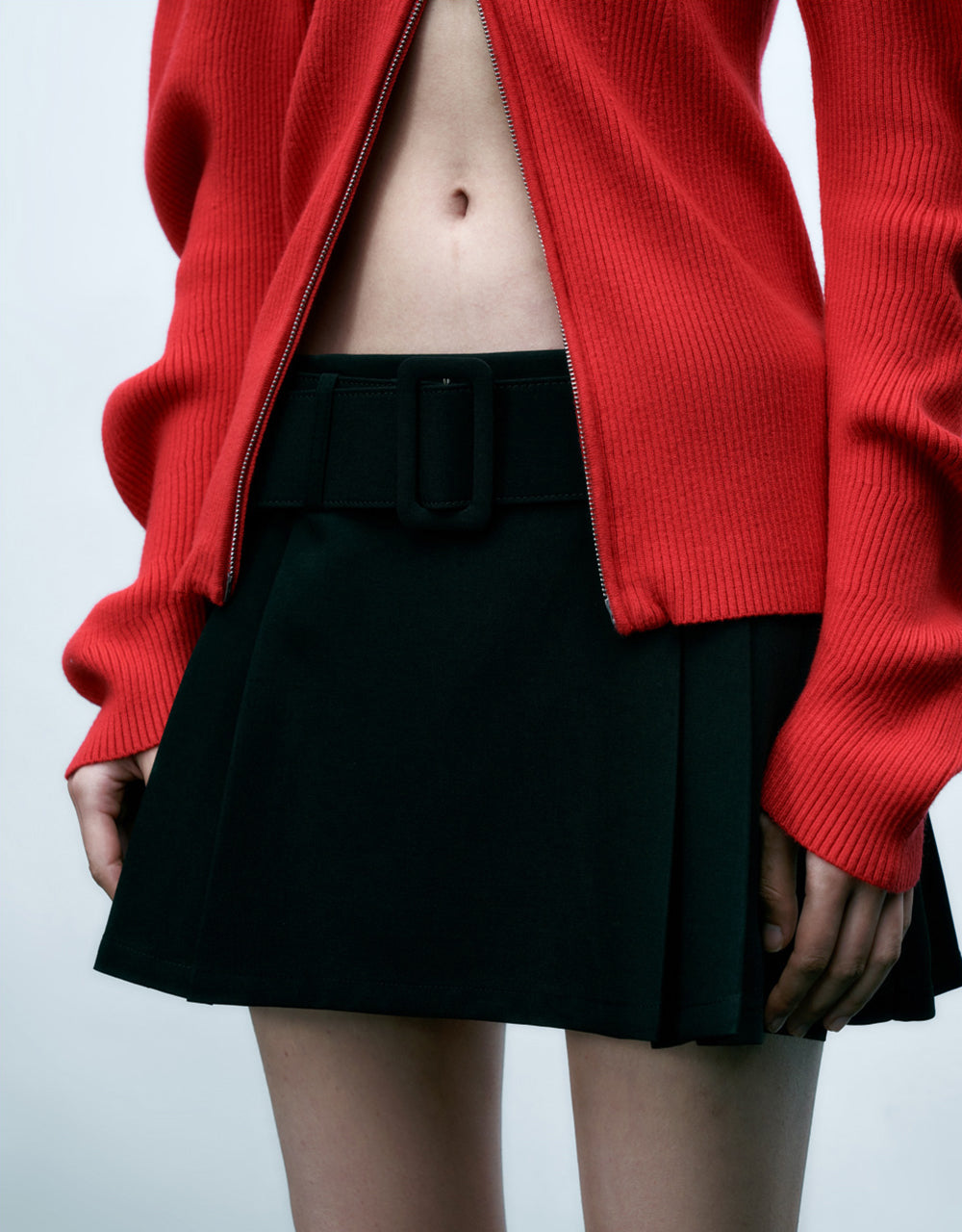 Pleated A-Line Skirt With Belt