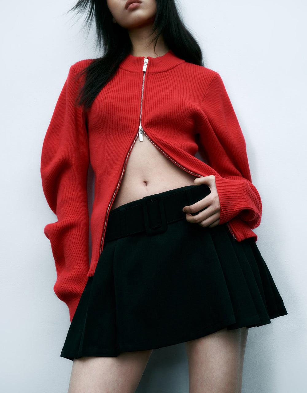 Pleated A-Line Skirt With Belt