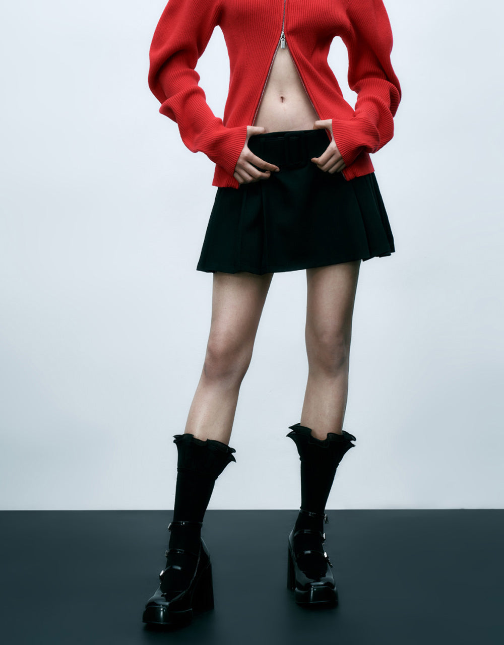 Pleated A-Line Skirt With Belt