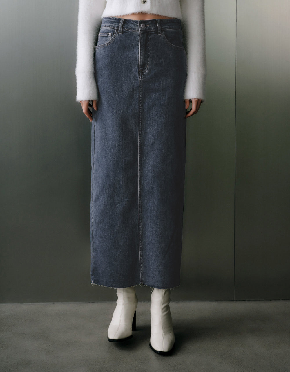 Back Split Denim Midi Skirt