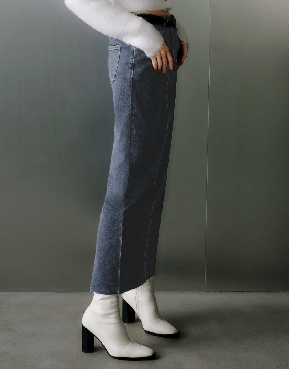 Back Split Denim Midi Skirt