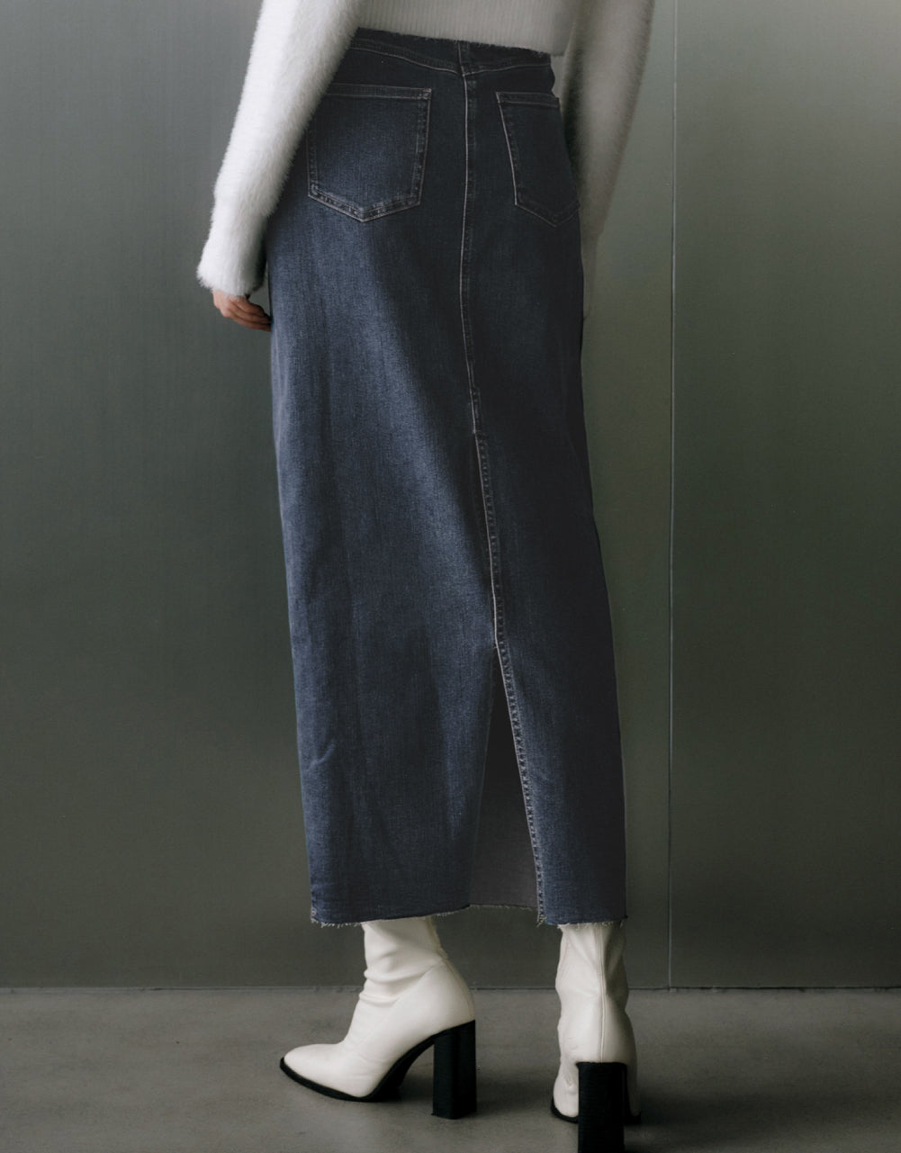 Back Split Denim Midi Skirt