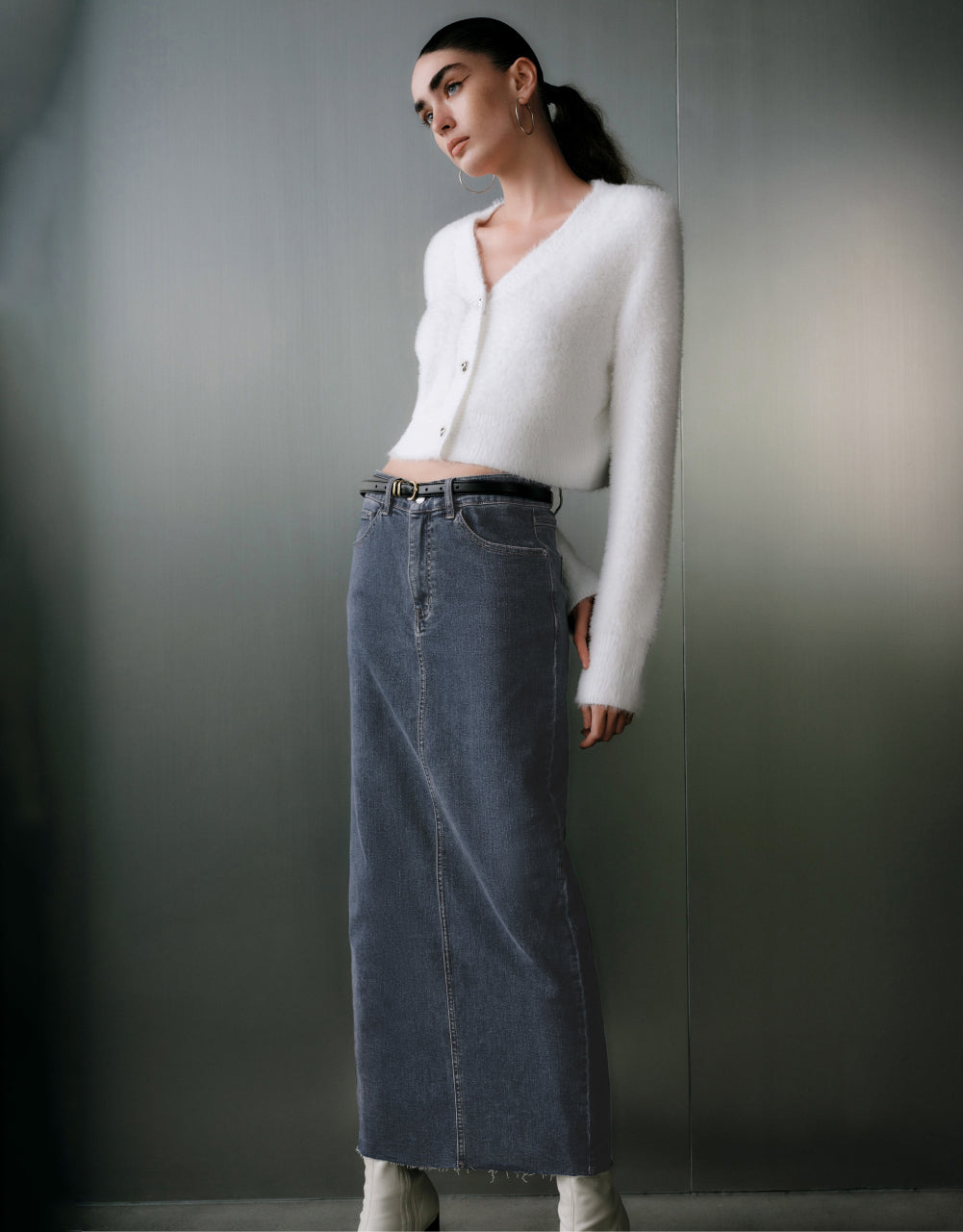 Back Split Denim Midi Skirt
