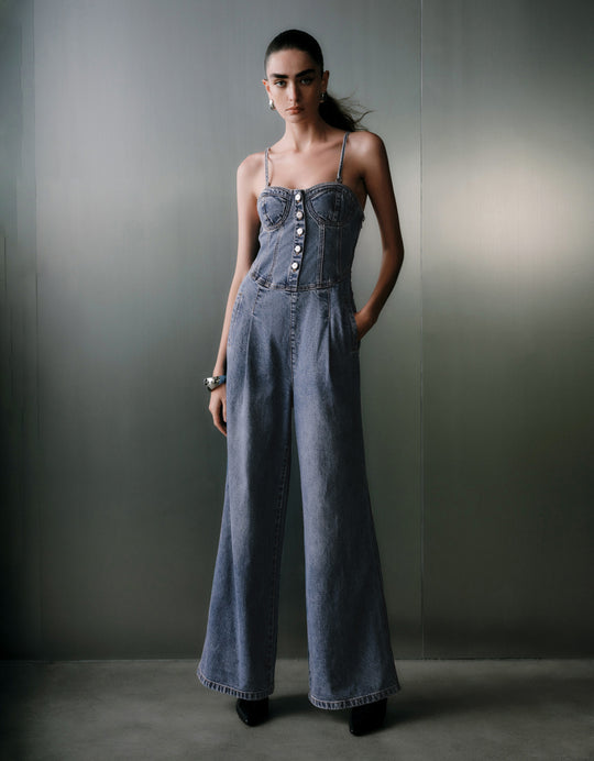 Thin Strap Denim Jumpsuit