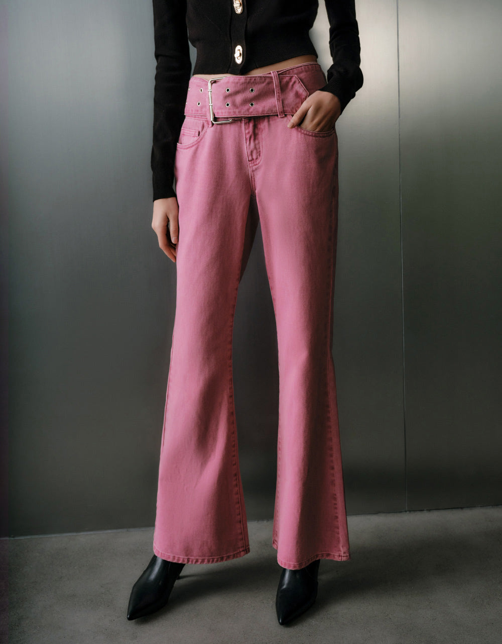 Buckle Detail Flared Jeans