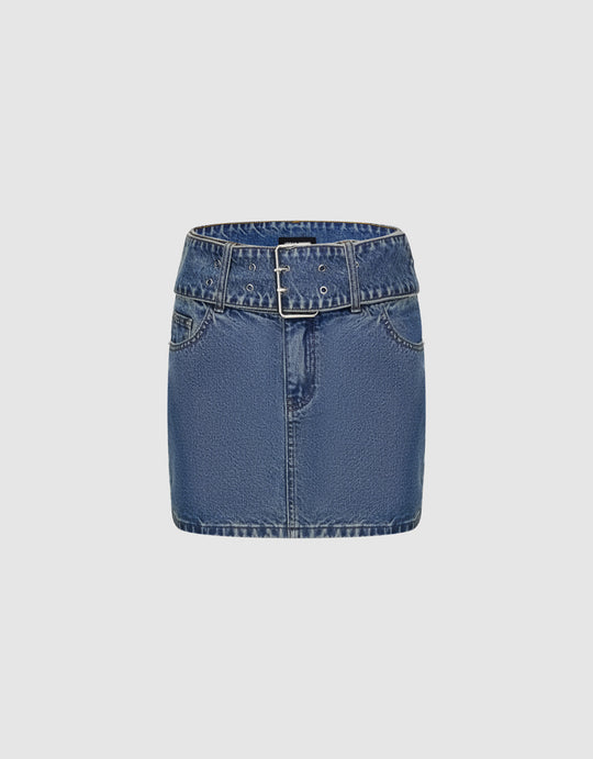 Mini Denim Skirt With Buckled Belt