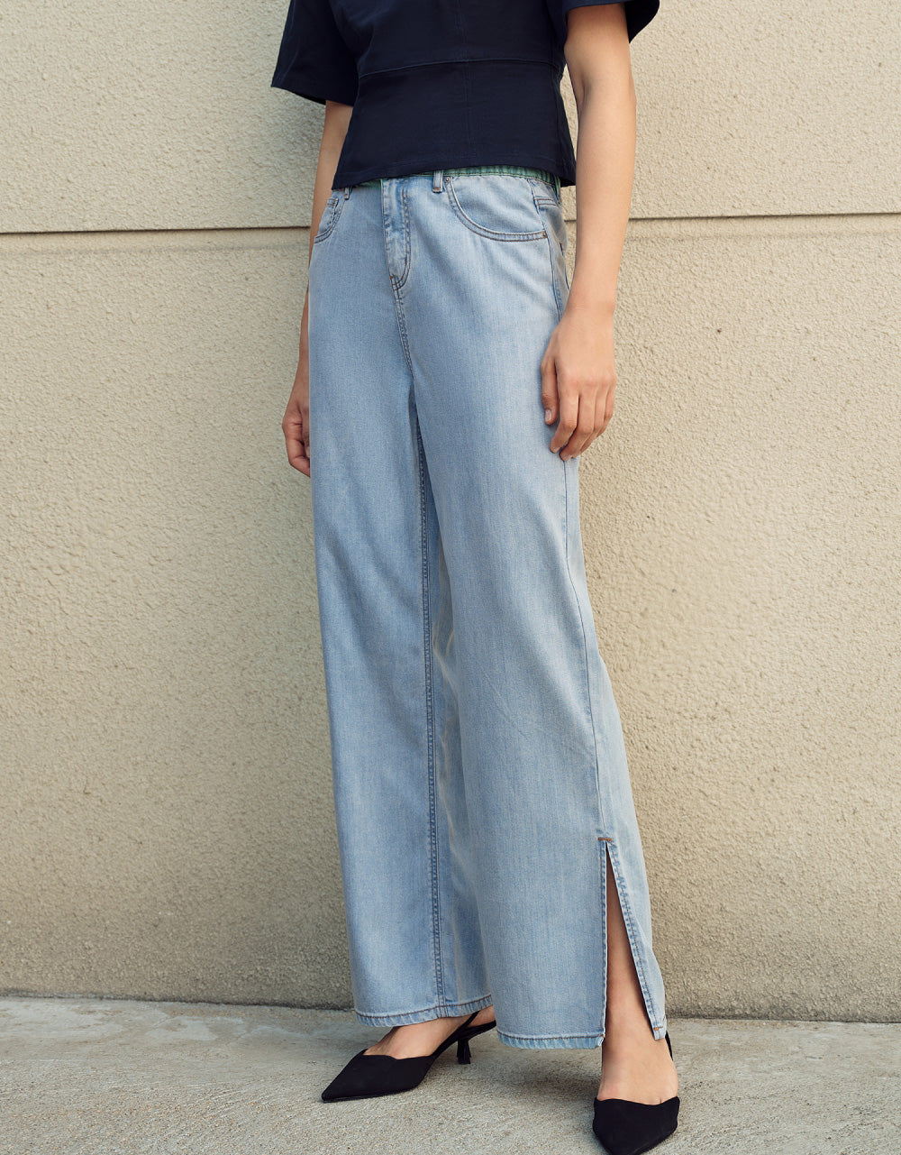 Elastic Waist Split Hem Jeans