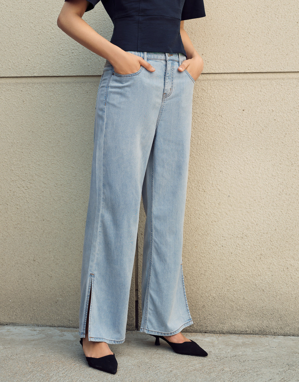 Elastic Waist Split Hem Jeans